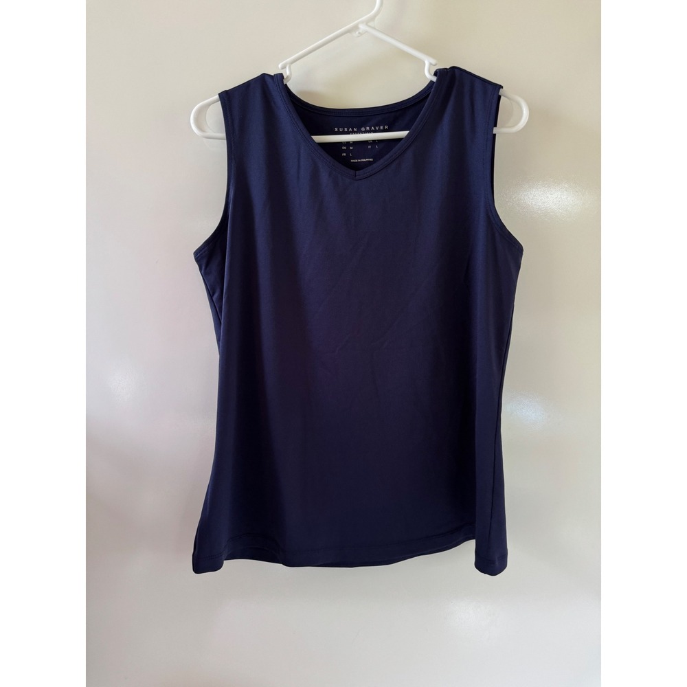 Susan Graver Essentials Women Blue V-Neck Tank Top Sleeveless Size M Liquid Knit
